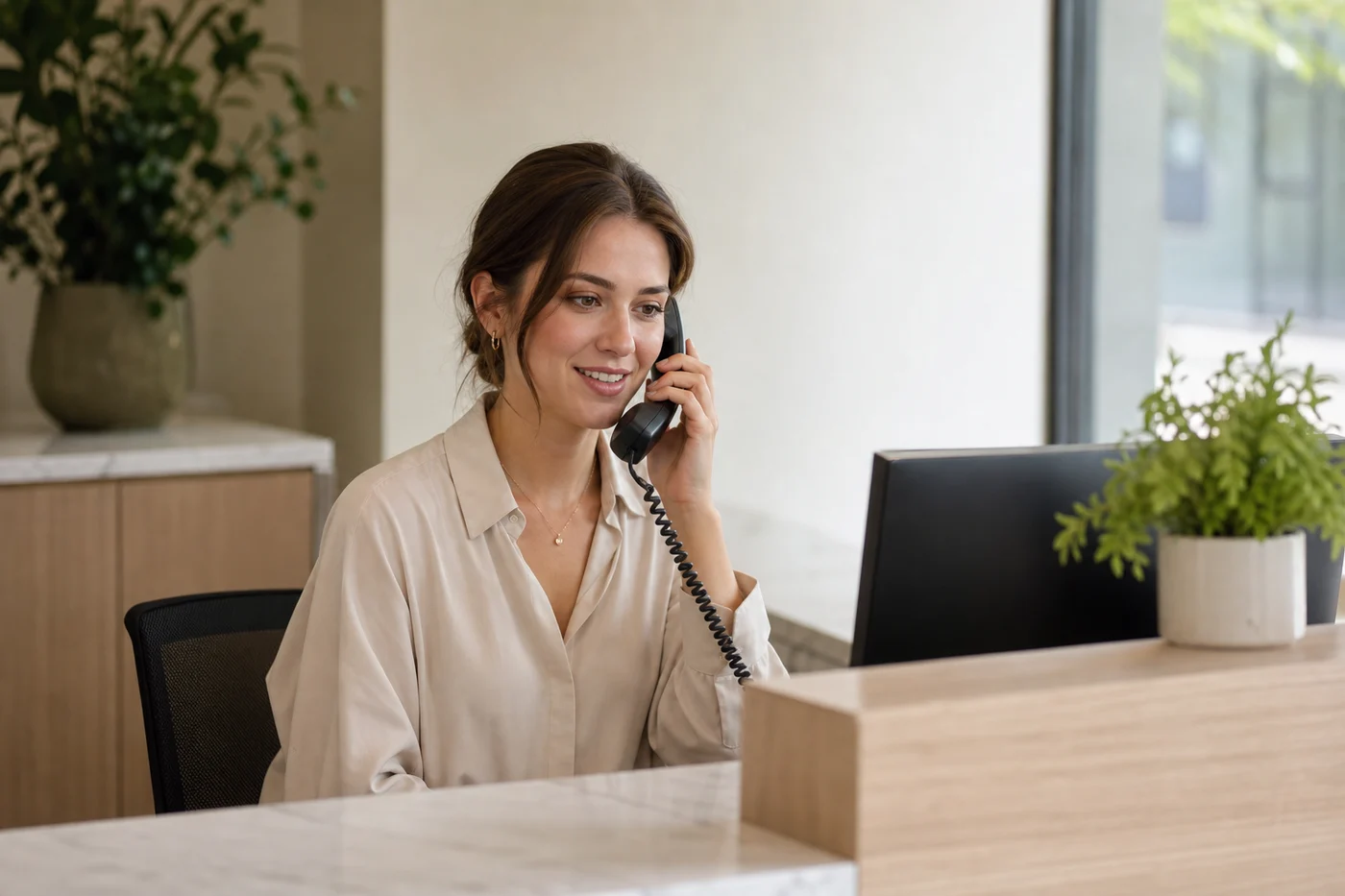 Clinic receptionist speaking with a client by phone