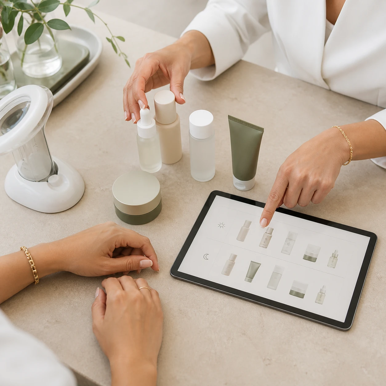 Skin Expert reviewing a client’s skincare products and routine