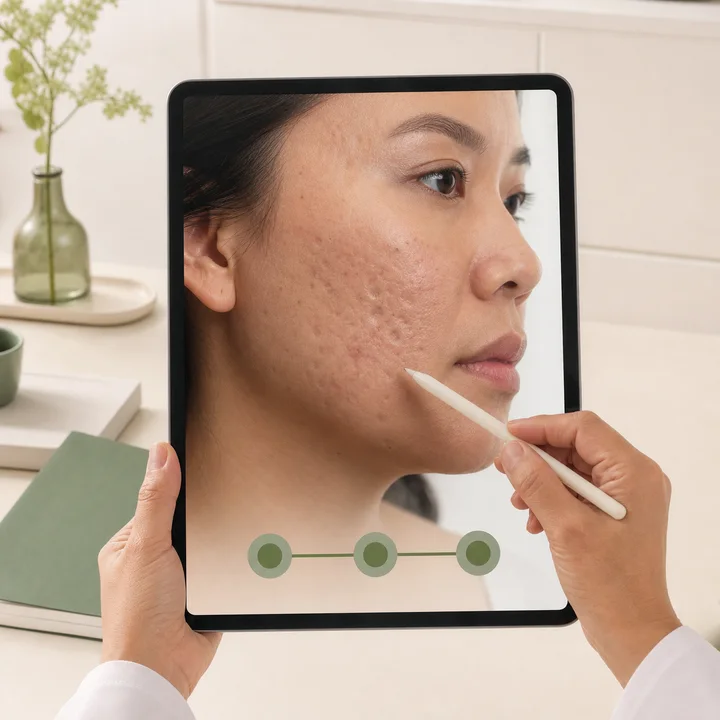 Scar Specialist mapping a personalized treatment plan from facial acne scar photos