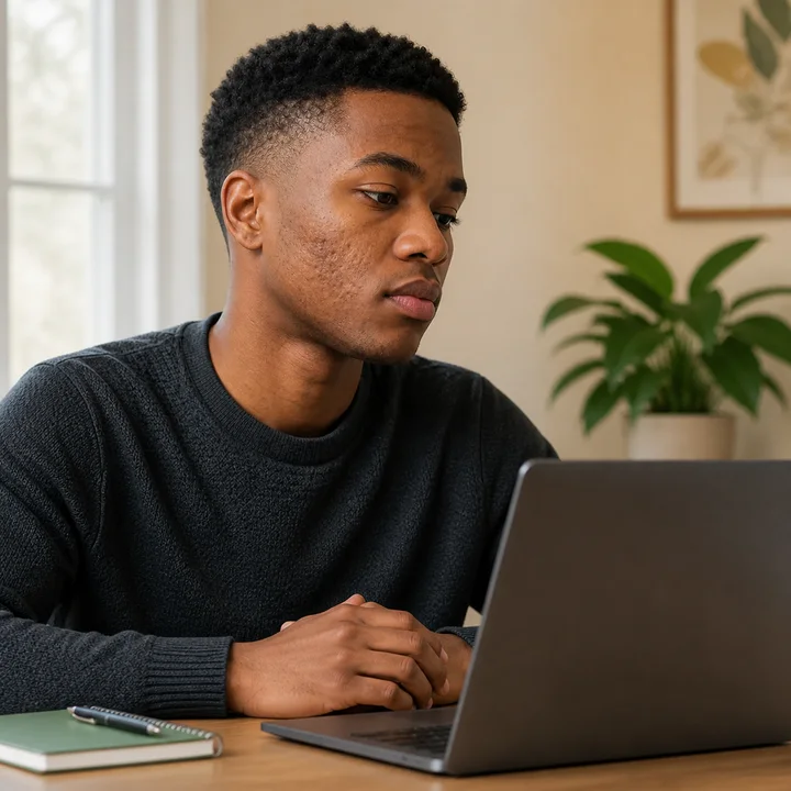 Client with visible acne scarring attending a virtual scar consultation by laptop