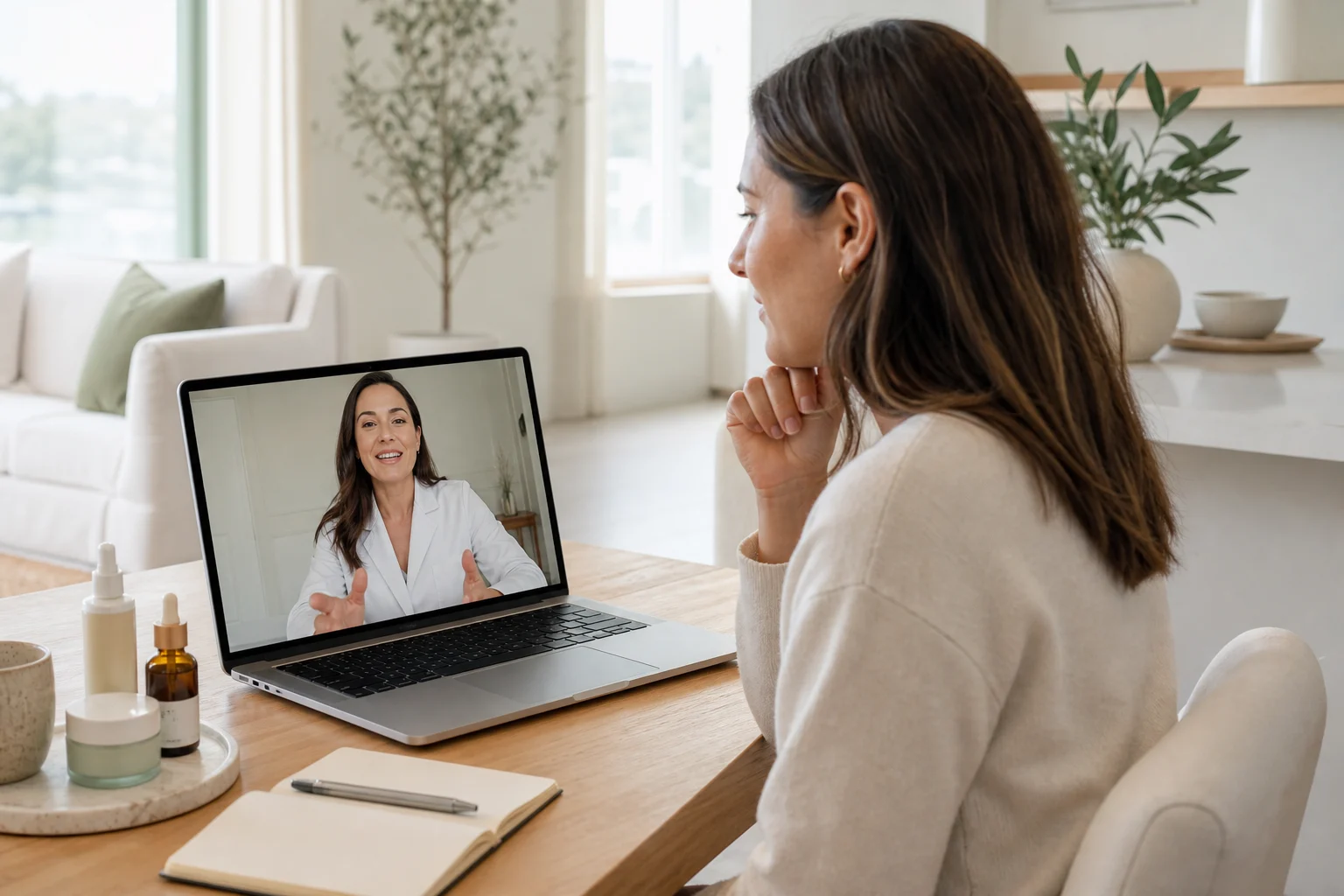 Client attending a virtual skin health and rejuvenation assessment from home