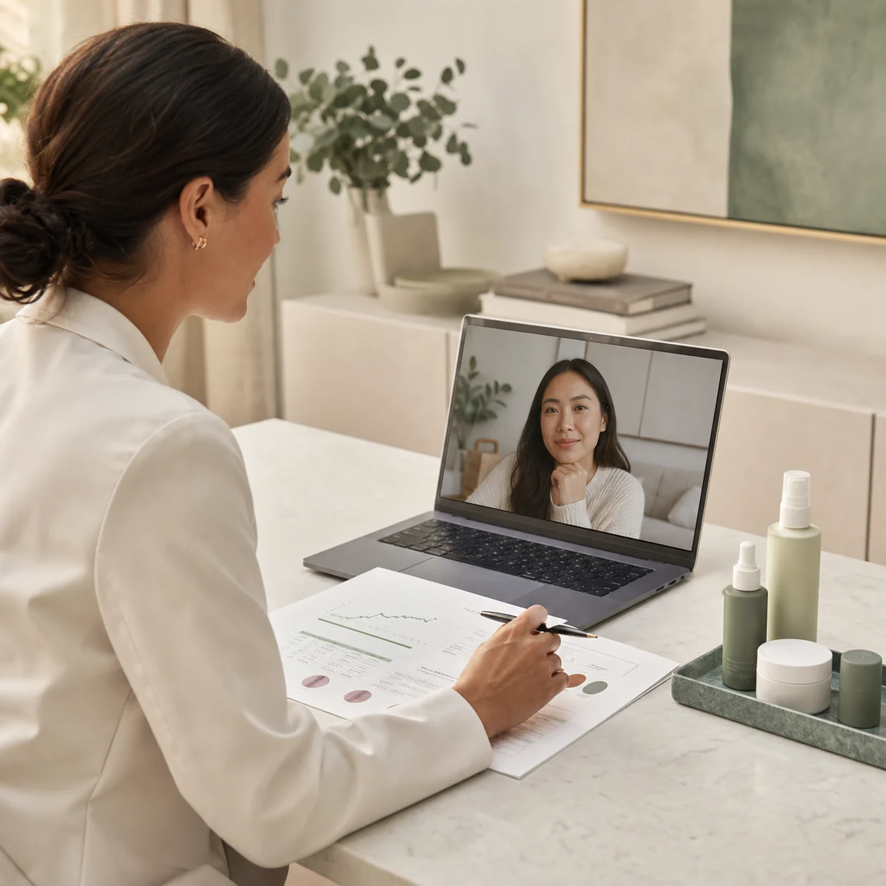 Acne Specialist reviewing a personalized skin plan during a virtual consultation