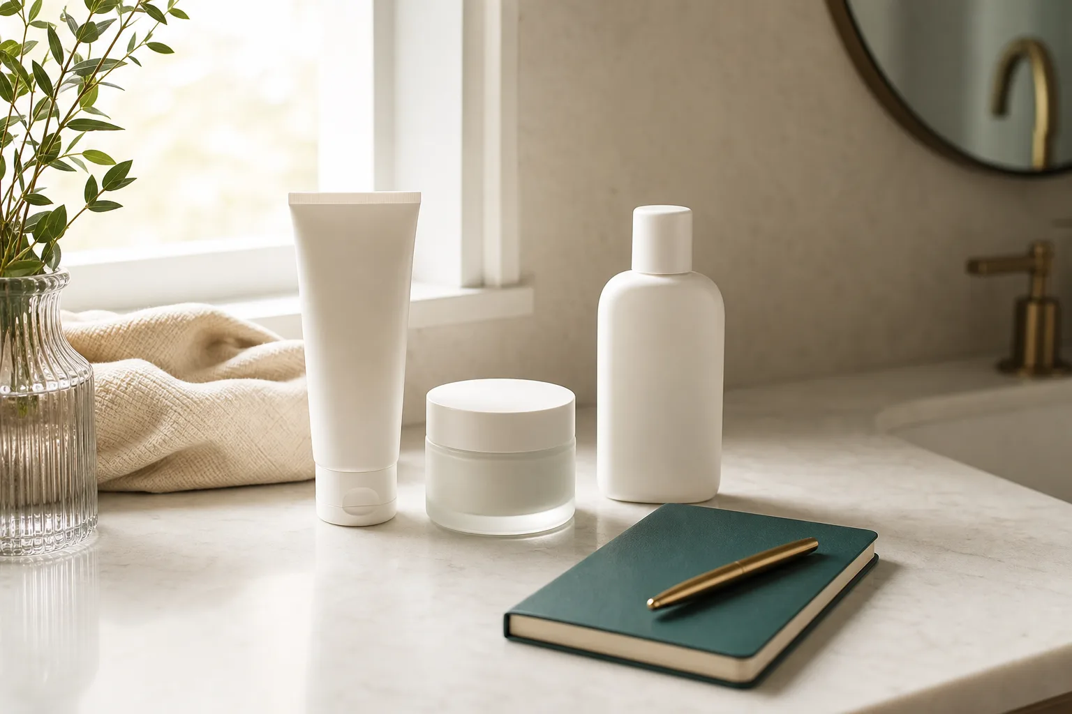 A simplified skincare routine with three unbranded products and a small dated notebook on a clean counter.