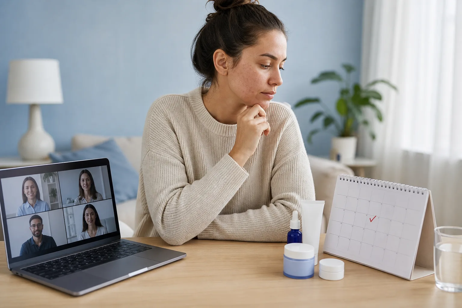A client comparing virtual and in-clinic acne support options