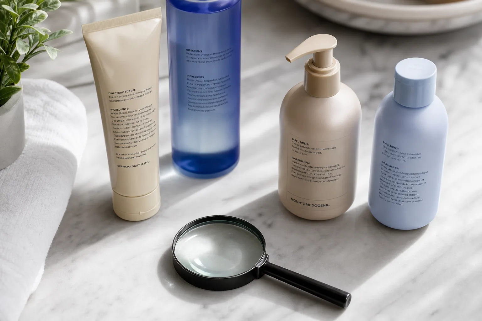 Unbranded skincare and hair-care bottles arranged with a magnifying glass in soft bathroom light