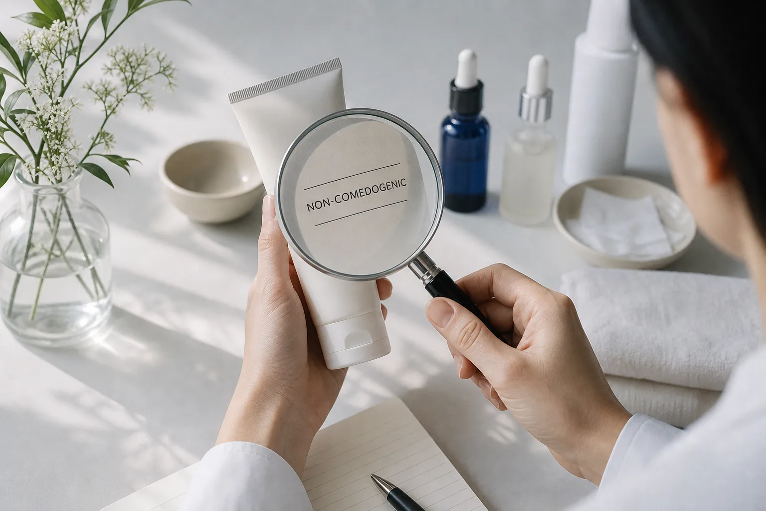 A magnifying glass beside unbranded skincare and hair-care bottles in a clean flat-lay